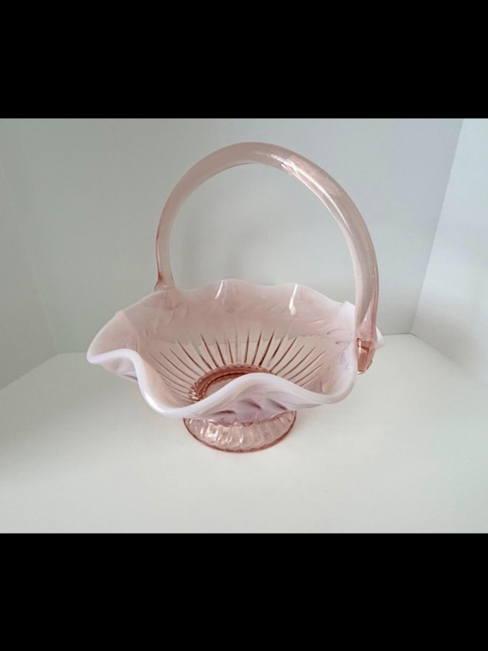 Vintage Large Fenton Pink Opalescent Ruffled Brides Basket 11" Crimped Rim